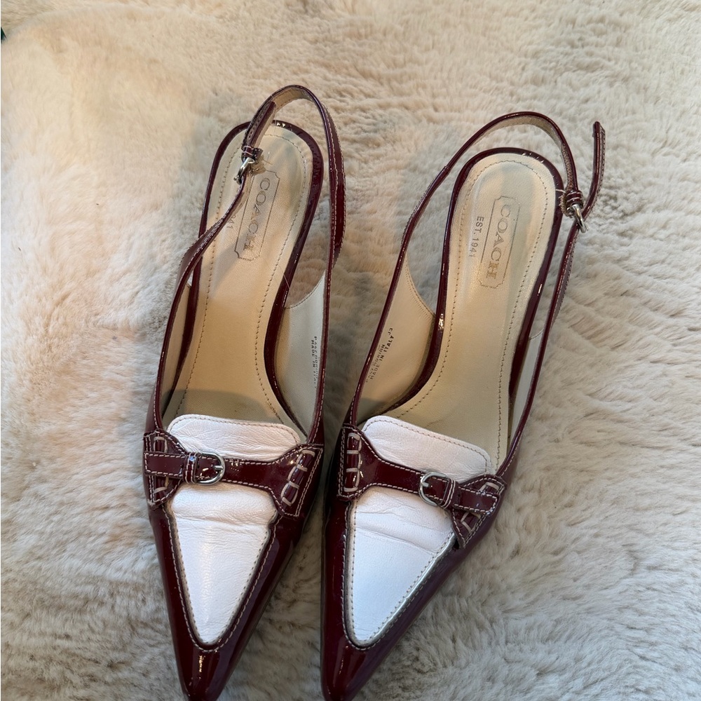 Coach Maroon and White Leather Slingback Kitten Heels